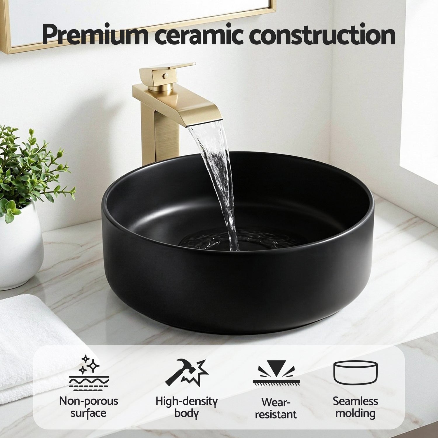 Cefito Bathroom Basin Ceramic Vanity Sink Vessel Bowl Wash Matte Black Round Countertop-Furniture > Bathroom > Sinks-PEROZ Accessories