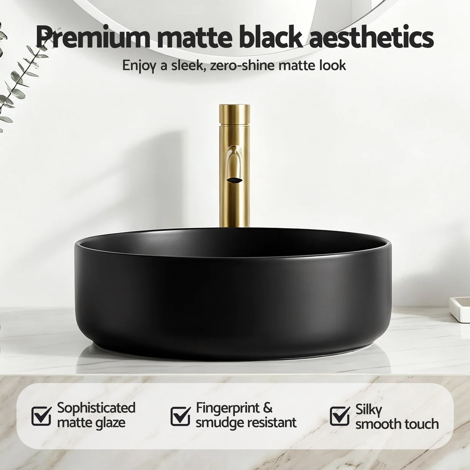 Cefito Bathroom Basin Ceramic Vanity Sink Vessel Bowl Wash Matte Black Round Countertop-Furniture > Bathroom > Sinks-PEROZ Accessories