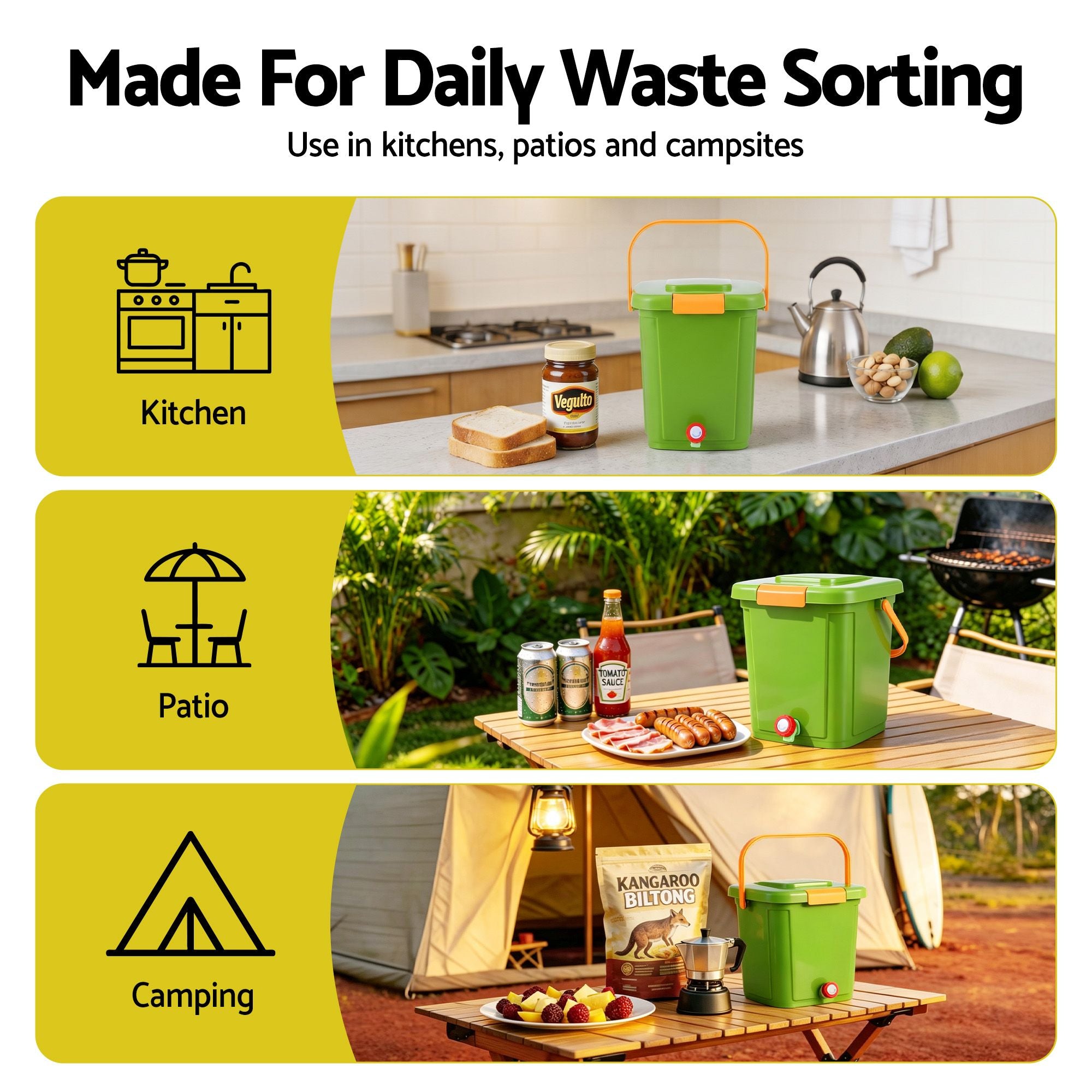 Gardeon 15L Kitchen Compost Bin Food Waste Caddy Drain Tap Green