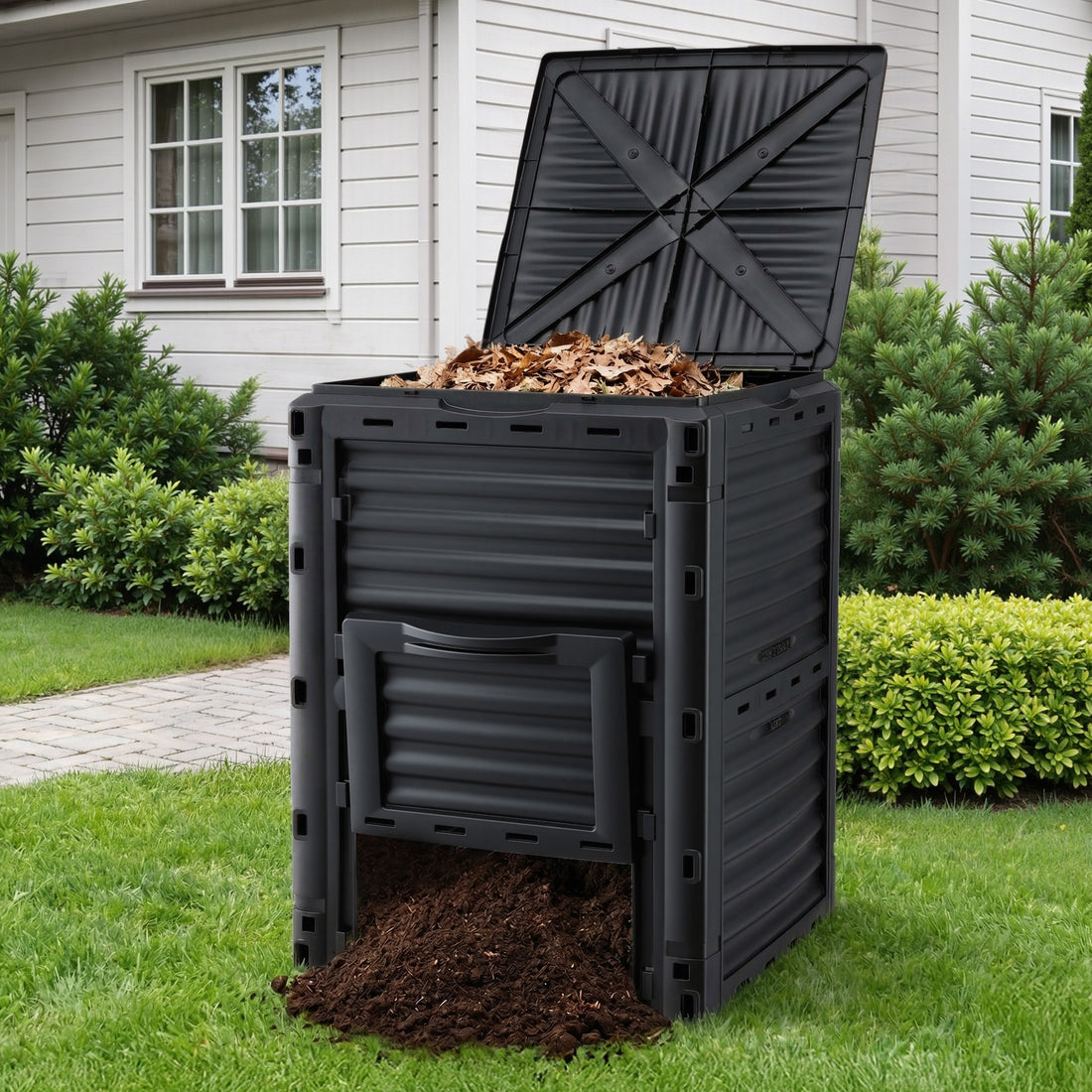 Gardeon Compost Bin 300L Heavy-Duty Black Outdoor Composter with Top Lid Bottom Door-Home &amp; Garden > Garden Tools > Gardening Accessories-PEROZ Accessories