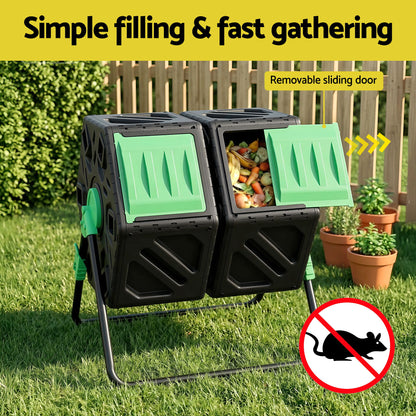 Gardeon Compost Bin Dual-Chamber 130L Composter Tumbler Rotating Garden Recycle Food Waste-Home &amp; Garden > Garden Tools > Gardening Accessories-PEROZ Accessories