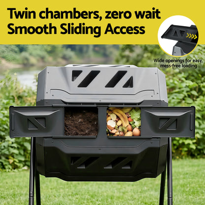Gardeon Compost Bin Dual-Chamber 160L Composter Tumbler Rotating Garden Recycle Food Waste-Home &amp; Garden > Garden Tools > Gardening Accessories-PEROZ Accessories