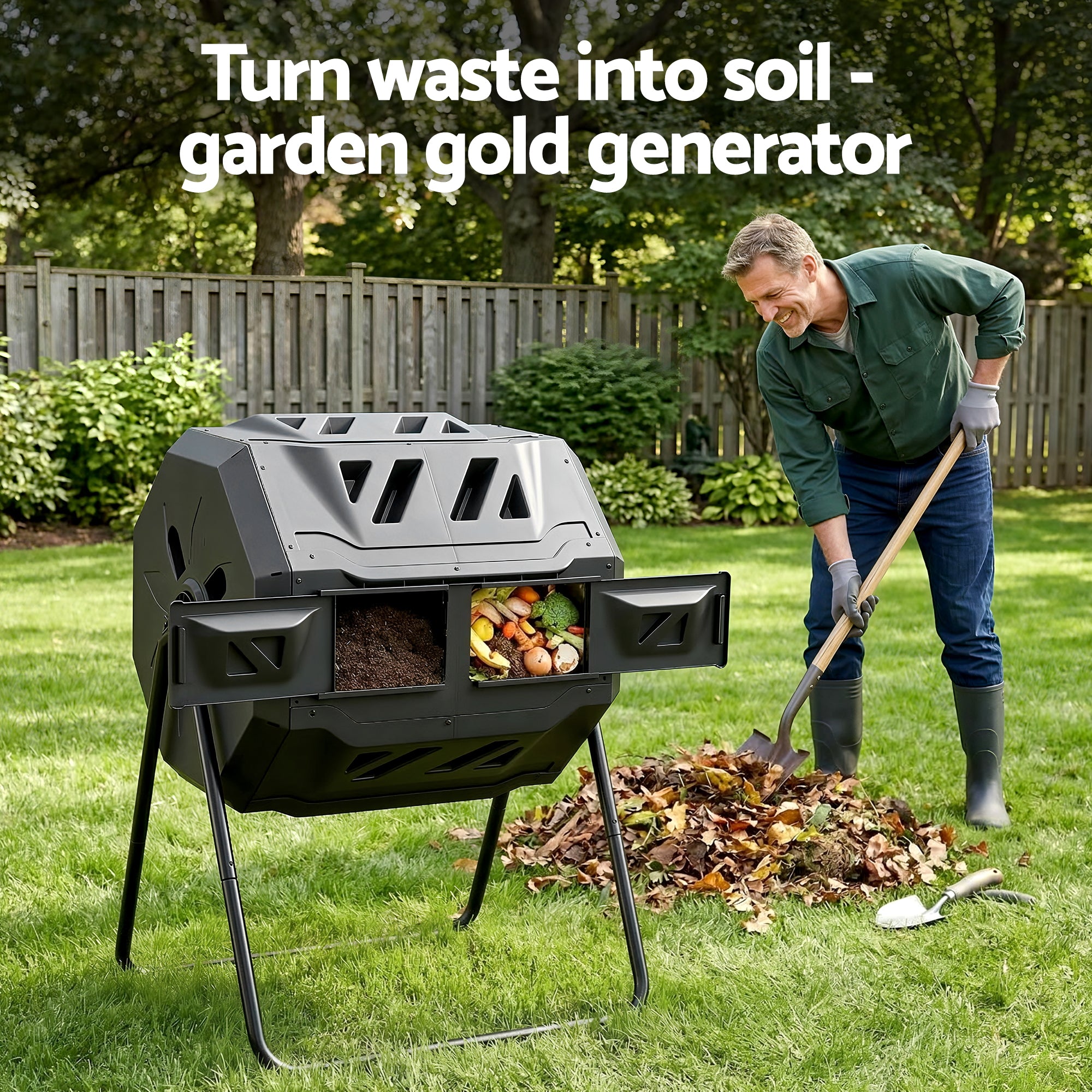 Gardeon Compost Bin Dual-Chamber 160L Composter Tumbler Rotating Garden Recycle Food Waste-Home &amp; Garden > Garden Tools > Gardening Accessories-PEROZ Accessories