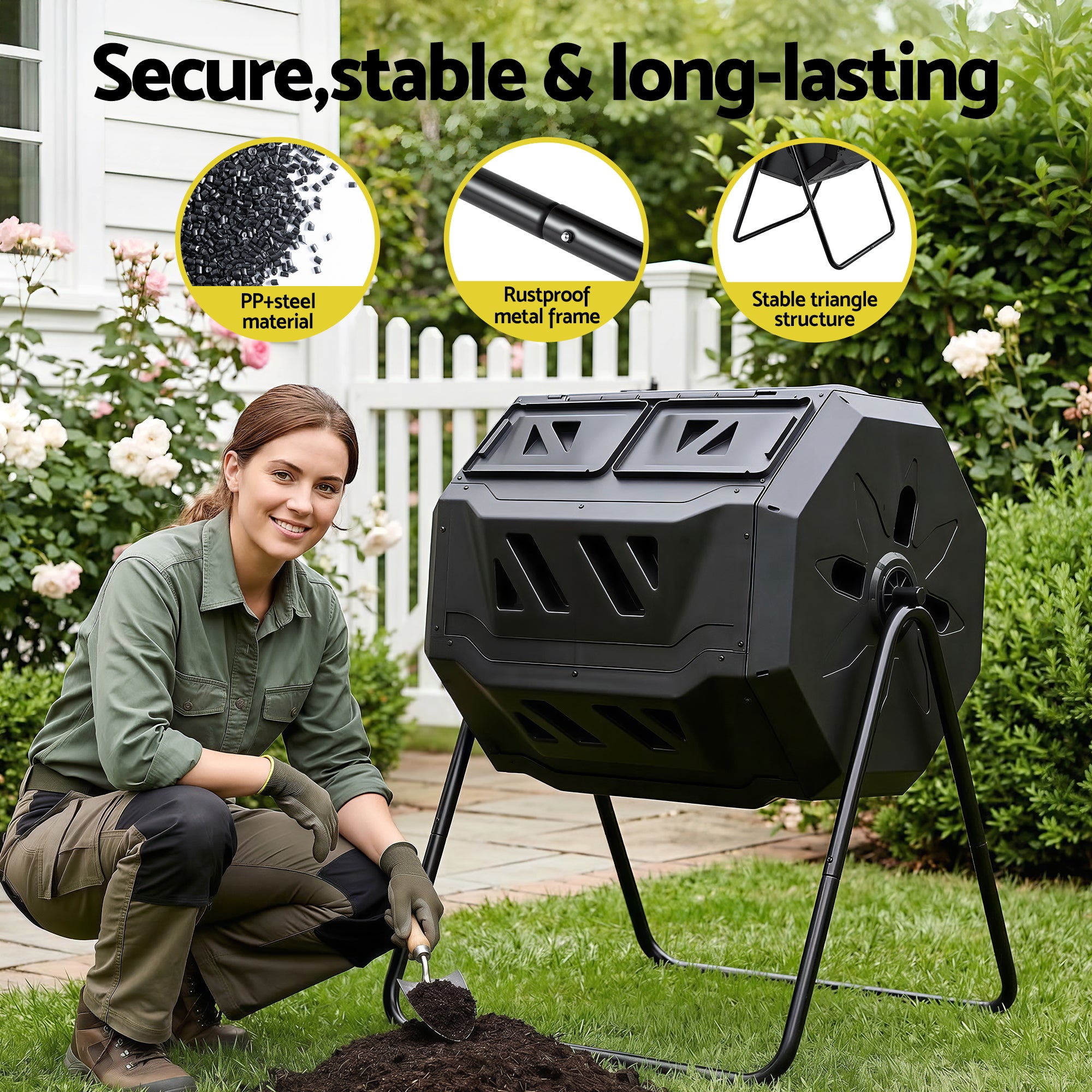 Gardeon Compost Bin Dual-Chamber 160L Composter Tumbler Rotating Garden Recycle Food Waste-Home &amp; Garden > Garden Tools > Gardening Accessories-PEROZ Accessories