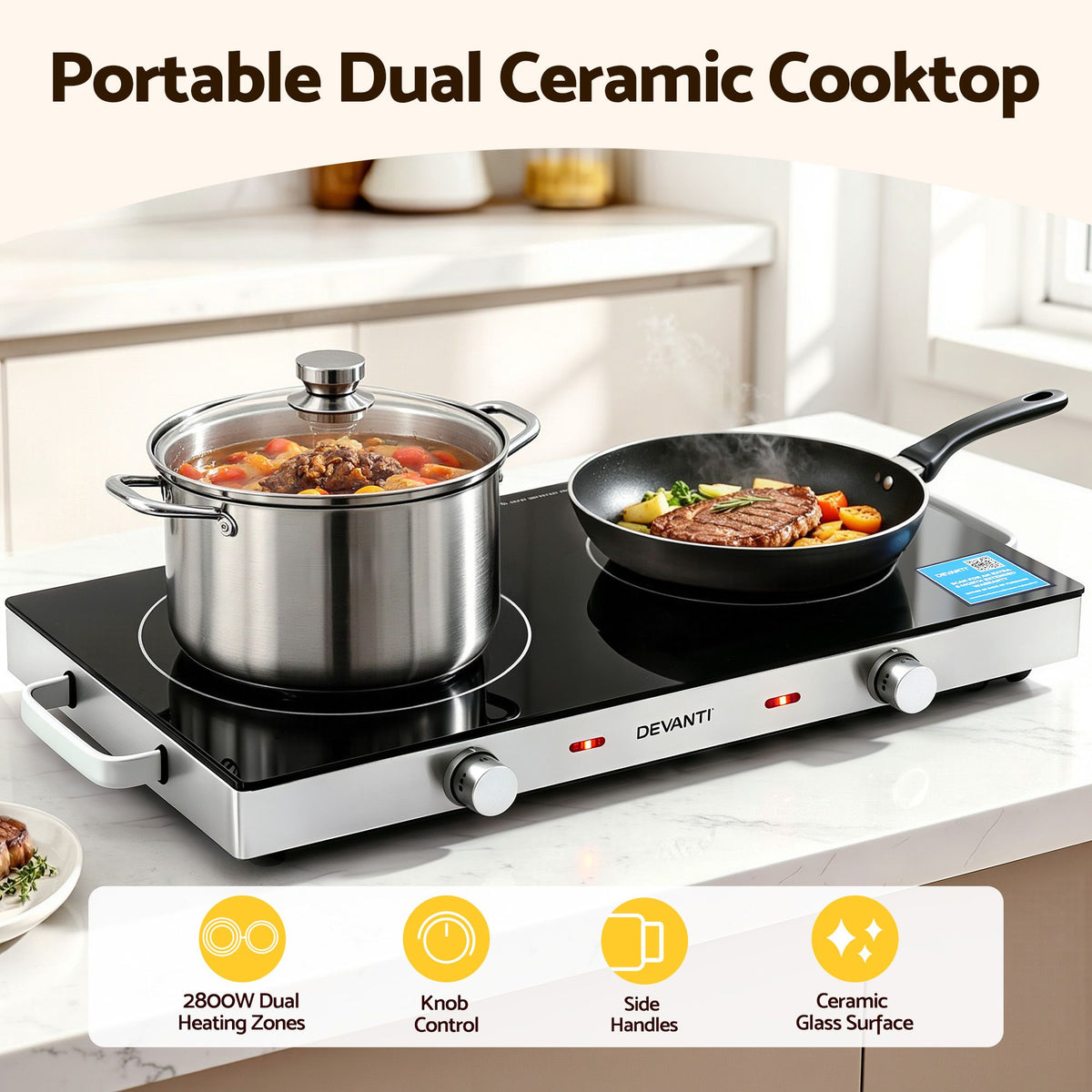 Devanti Portable Ceramic Cooktop Dual Burner Electric Hot Plate 2800W Black-Appliances > Kitchen Appliances > Cooktops &amp; Stoves-PEROZ Accessories