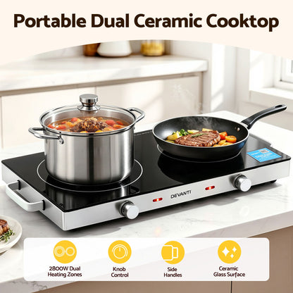 Devanti Portable Ceramic Cooktop Dual Burner Electric Hot Plate 2800W Black-Appliances > Kitchen Appliances > Cooktops &amp; Stoves-PEROZ Accessories