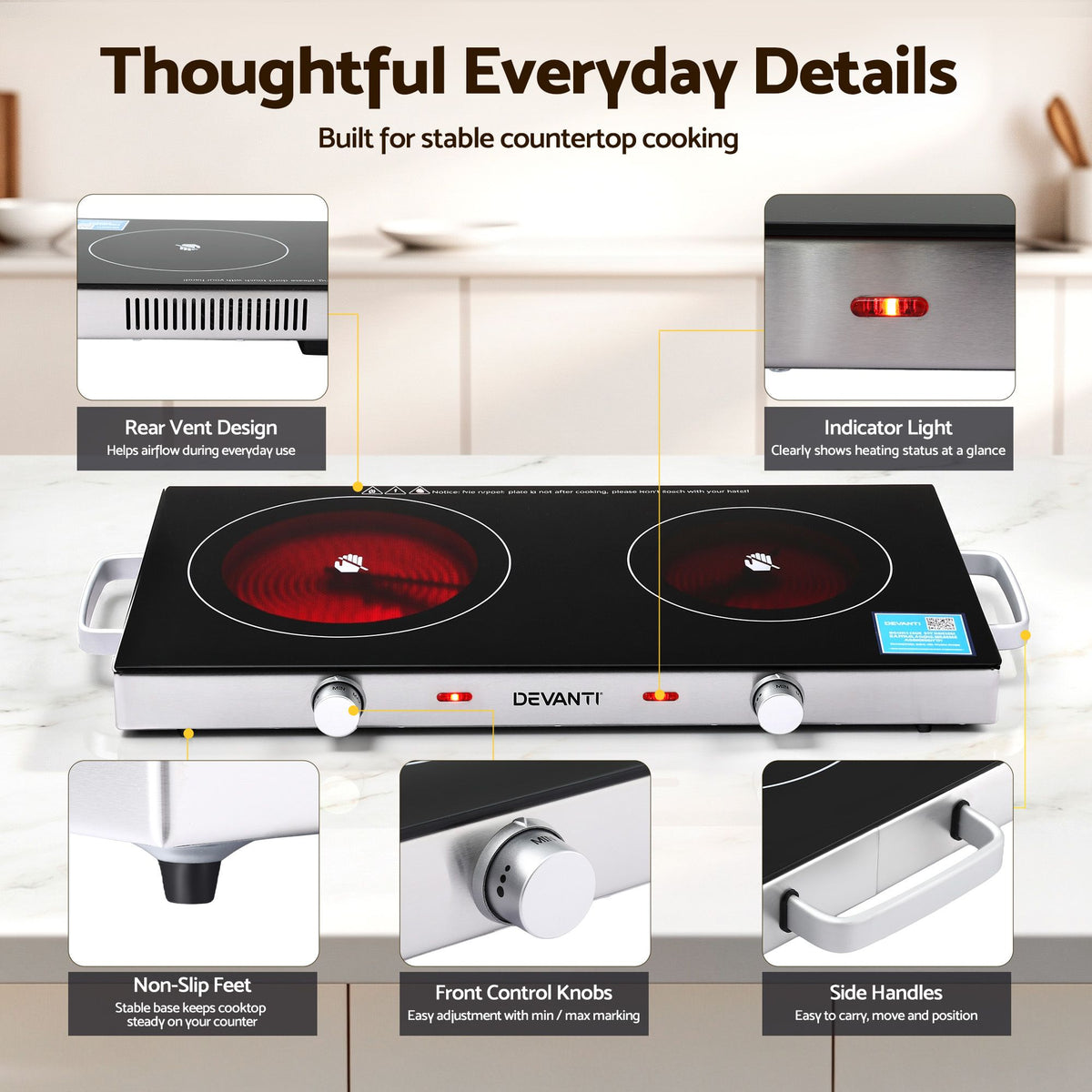 Devanti Portable Ceramic Cooktop Dual Burner Electric Hot Plate 2800W Black-Appliances > Kitchen Appliances > Cooktops &amp; Stoves-PEROZ Accessories