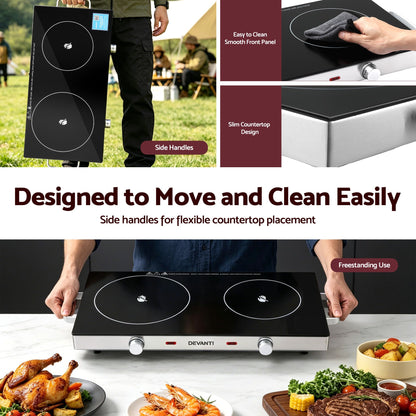 Devanti Portable Ceramic Cooktop Dual Burner Electric Hot Plate 2800W Black-Appliances > Kitchen Appliances > Cooktops &amp; Stoves-PEROZ Accessories