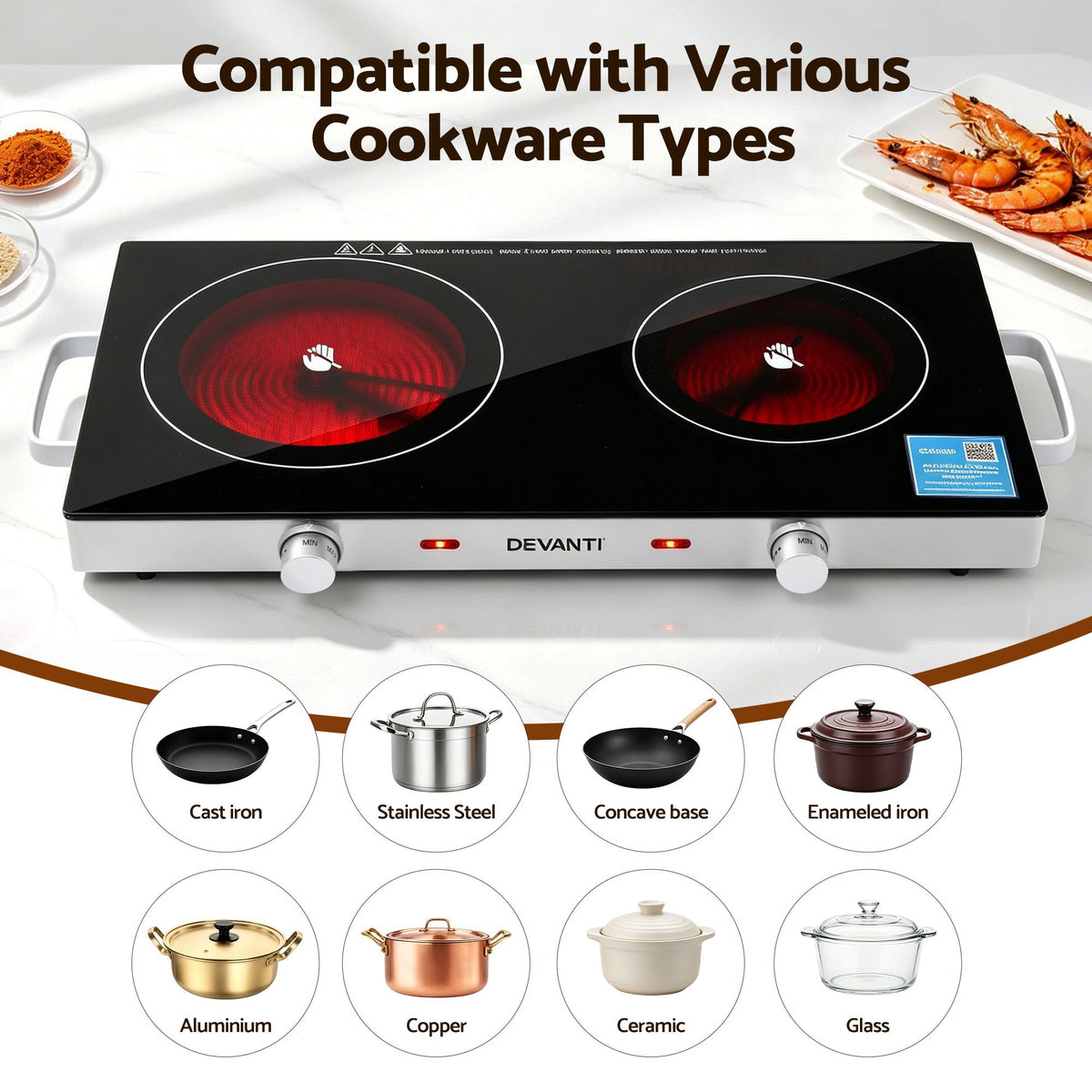 Devanti Portable Ceramic Cooktop Dual Burner Electric Hot Plate 2800W Black-Appliances > Kitchen Appliances > Cooktops &amp; Stoves-PEROZ Accessories