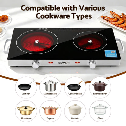 Devanti Portable Ceramic Cooktop Dual Burner Electric Hot Plate 2800W Black-Appliances > Kitchen Appliances > Cooktops &amp; Stoves-PEROZ Accessories