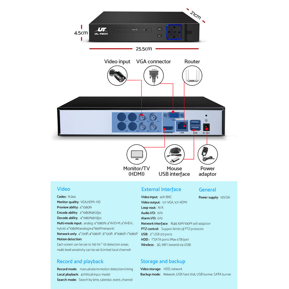 UL Tech 1080P 4 Channel HDMI CCTV Security Camera with 1TB Hard Drive-CCTV-PEROZ Accessories