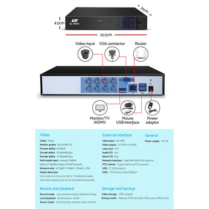 UL-tech CCTV Security System 8CH DVR 4 Cameras 1TB Hard Drive-CCTV-PEROZ Accessories