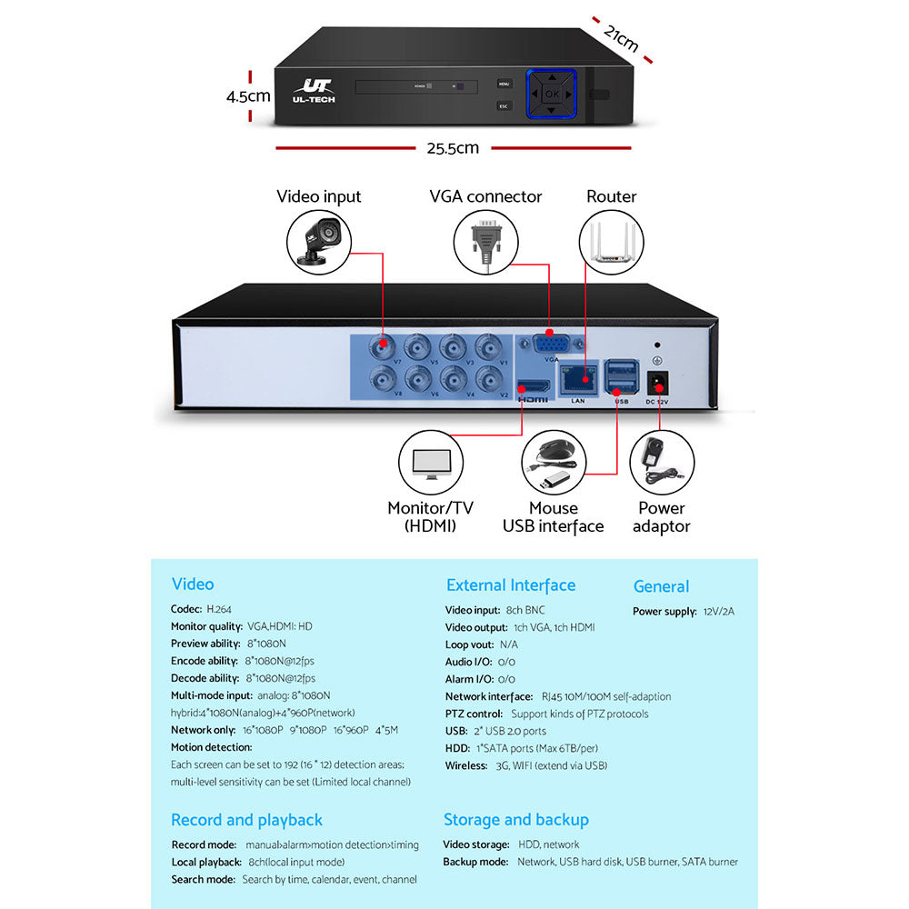 UL-tech CCTV Security System 8CH DVR 4 Cameras 1TB Hard Drive-CCTV-PEROZ Accessories