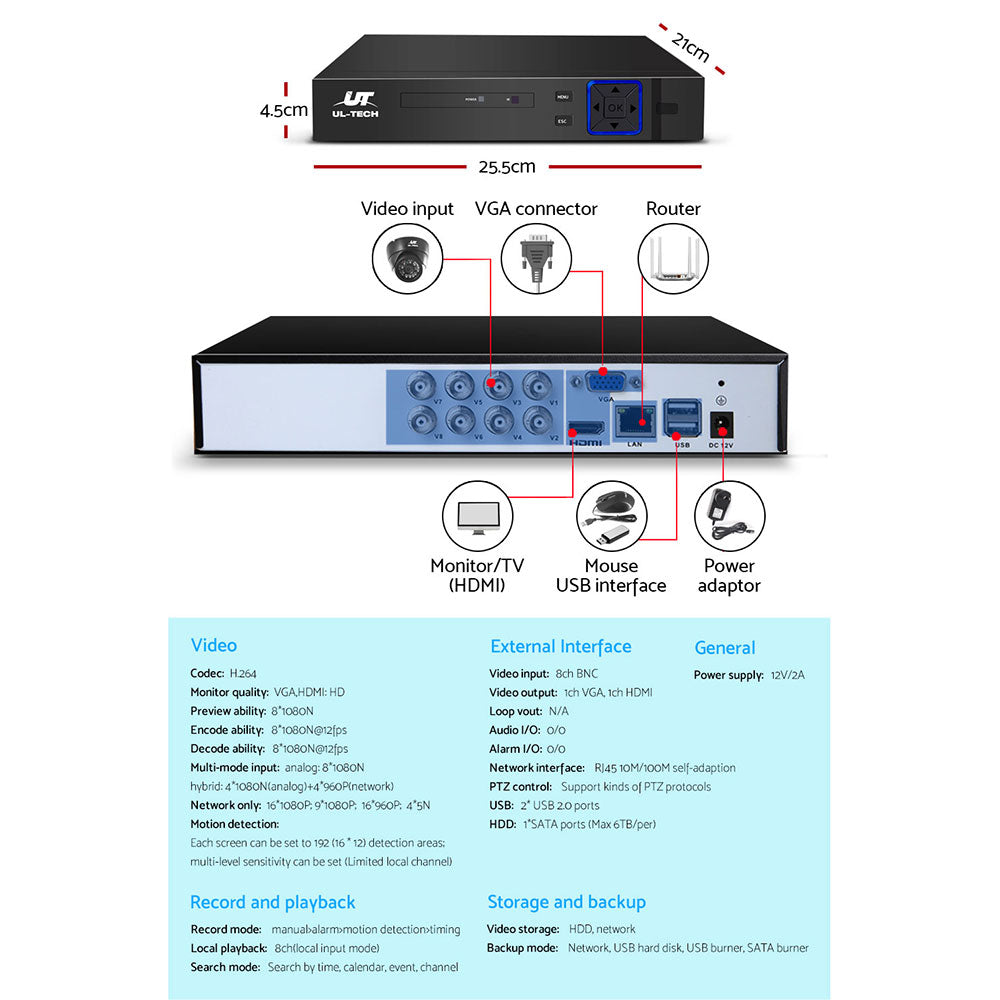 UL-tech CCTV 8 Dome Cameras Home Security System 8CH DVR 1080P 1TB IP Day Night-CCTV-PEROZ Accessories