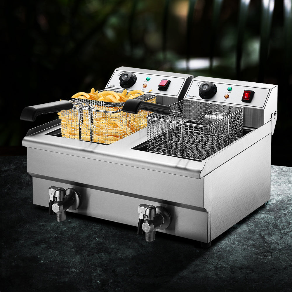 Devanti 20L Electric Commercial Deep Fryer Double Baskets Oil Taps 6000W-Appliances &gt; Kitchen Appliances-PEROZ Accessories