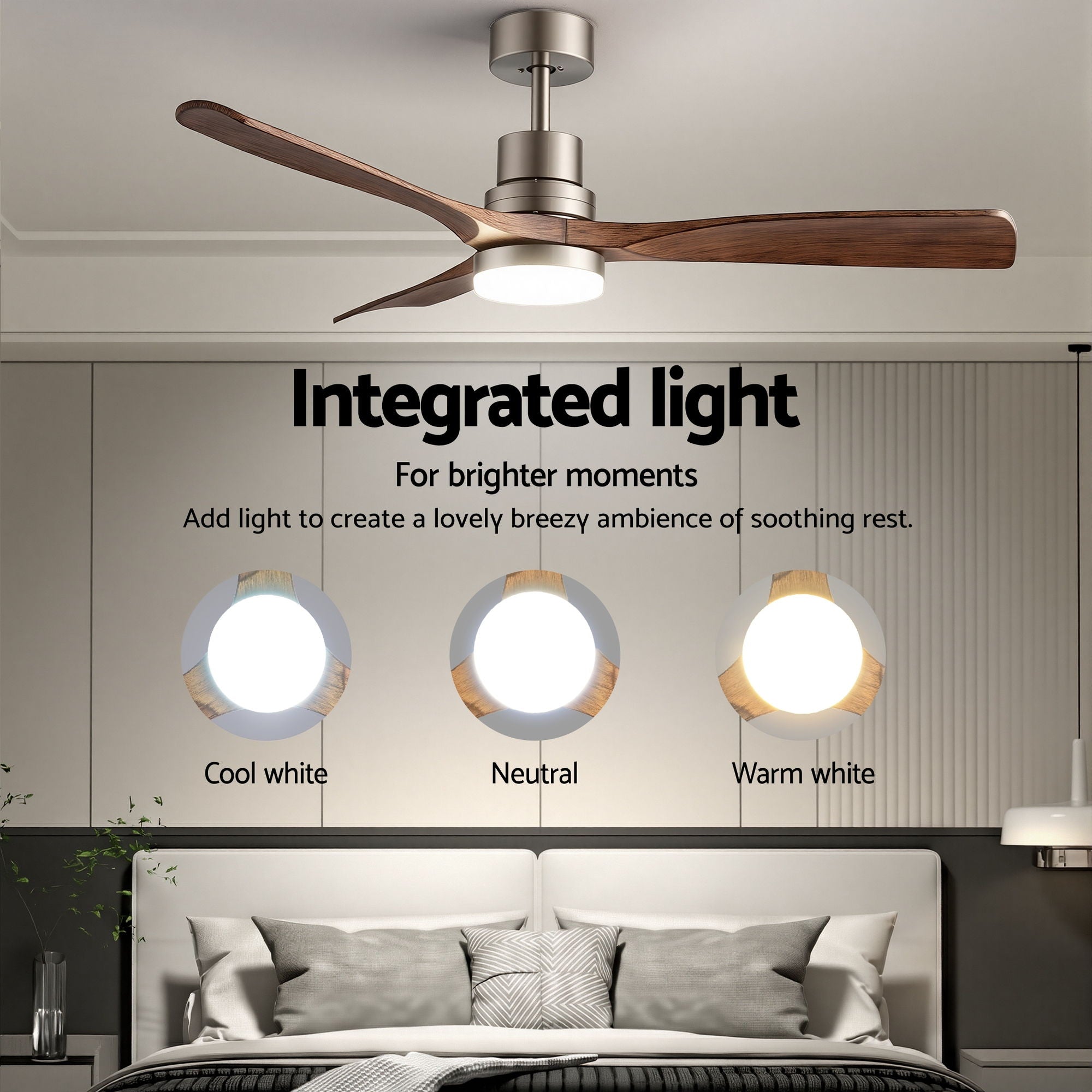 Devanti 52" Ceiling Fan with Light Remote Control DC Motor Smart App Timber Blades Brown-Appliances > Fans > Ceiling Fans-PEROZ Accessories