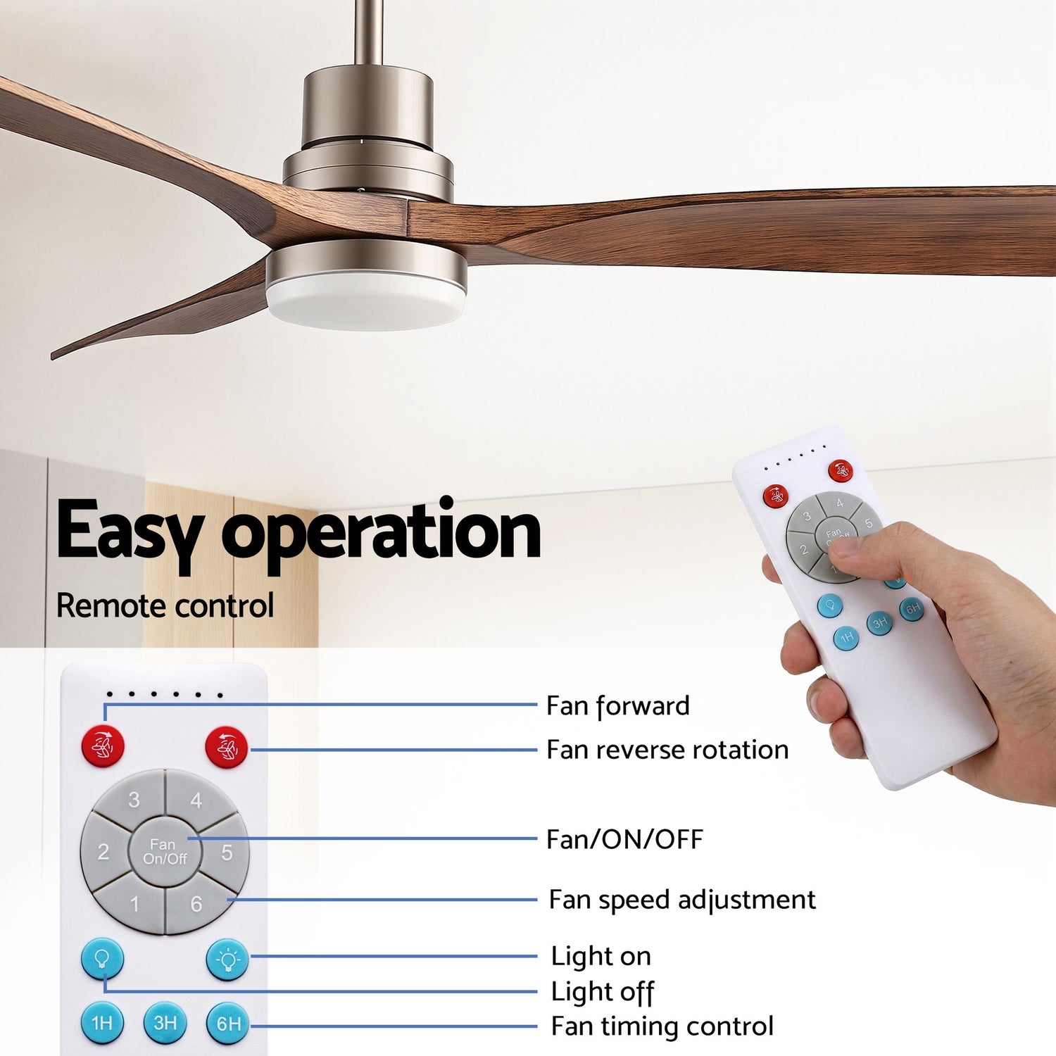 Devanti 52" Ceiling Fan with Light Remote Control DC Motor Smart App Timber Blades Brown-Appliances > Fans > Ceiling Fans-PEROZ Accessories