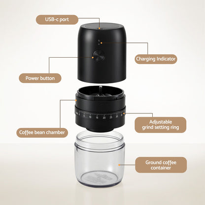 Devanti Electric Coffee Grinder USB-C Rechargeable Portable Coffee Bean Grinder with 40 Precise Grind Settings | Automatic Spice Nut Pepper Grinder Mill with Cleaning Brush &amp; Ground Coffee Container for Home Office Camping Travel, Black