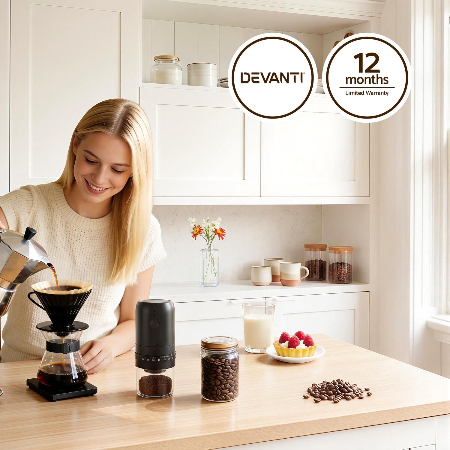 Devanti Electric Coffee Grinder USB-C Rechargeable Portable Coffee Bean Grinder with 40 Precise Grind Settings | Automatic Spice Nut Pepper Grinder Mill with Cleaning Brush &amp; Ground Coffee Container for Home Office Camping Travel, Black