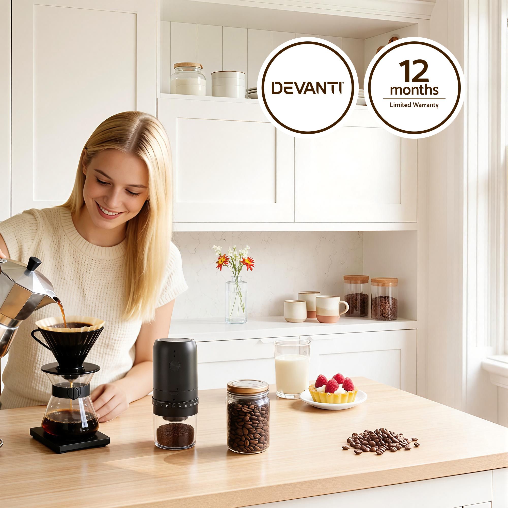Devanti Electric Coffee Grinder USB-C Rechargeable Portable Coffee Bean Grinder with 40 Precise Grind Settings | Automatic Spice Nut Pepper Grinder Mill with Cleaning Brush &amp; Ground Coffee Container for Home Office Camping Travel, Black