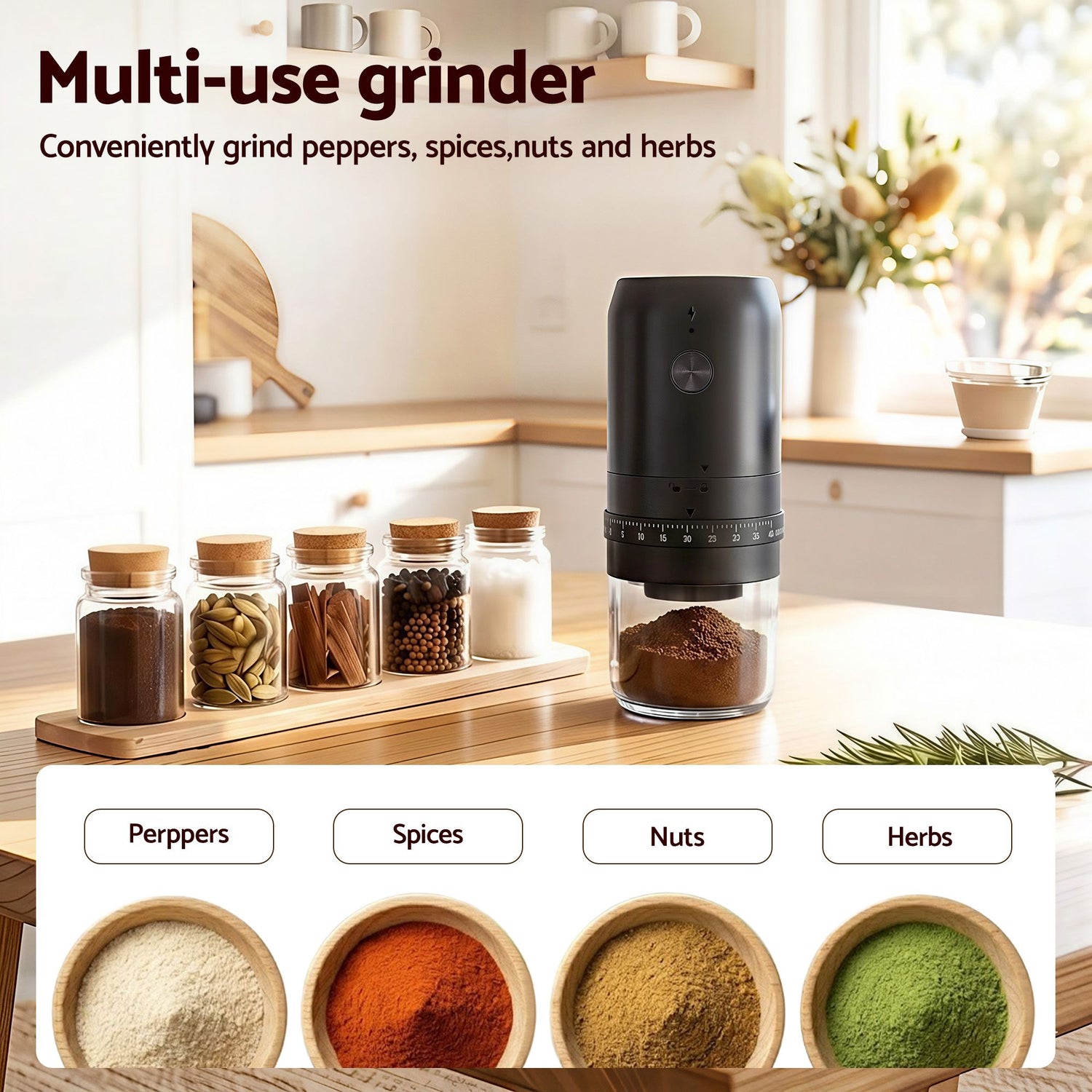 Devanti Electric Coffee Grinder USB-C Rechargeable Portable Coffee Bean Grinder with 40 Precise Grind Settings | Automatic Spice Nut Pepper Grinder Mill with Cleaning Brush &amp; Ground Coffee Container for Home Office Camping Travel, Black
