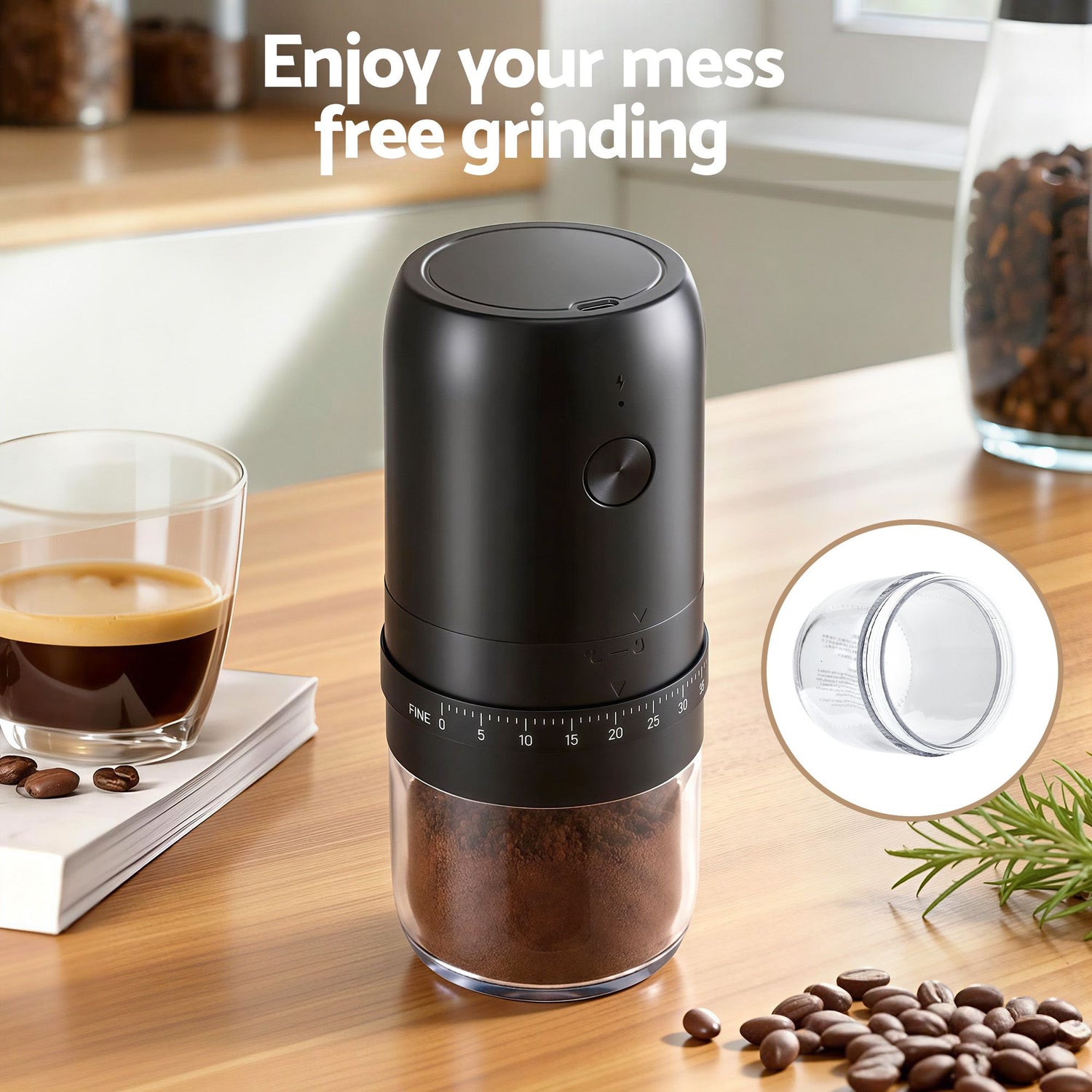 Devanti Electric Coffee Grinder USB-C Rechargeable Portable Coffee Bean Grinder with 40 Precise Grind Settings | Automatic Spice Nut Pepper Grinder Mill with Cleaning Brush &amp; Ground Coffee Container for Home Office Camping Travel, Black