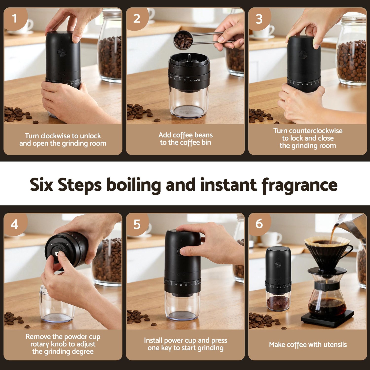 Devanti Electric Coffee Grinder USB-C Rechargeable Portable Coffee Bean Grinder with 40 Precise Grind Settings | Automatic Spice Nut Pepper Grinder Mill with Cleaning Brush &amp; Ground Coffee Container for Home Office Camping Travel, Black