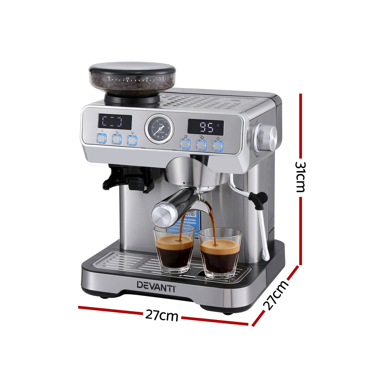 Devanti Coffee Machine Espresso Latte Maker with Grinder Milk Frother Steam Wand-Appliances > Kitchen Appliances > Coffee Machines &amp; Accessories-PEROZ Accessories