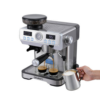 Devanti Coffee Machine Espresso Latte Maker with Grinder Milk Frother Steam Wand-Appliances > Kitchen Appliances > Coffee Machines &amp; Accessories-PEROZ Accessories