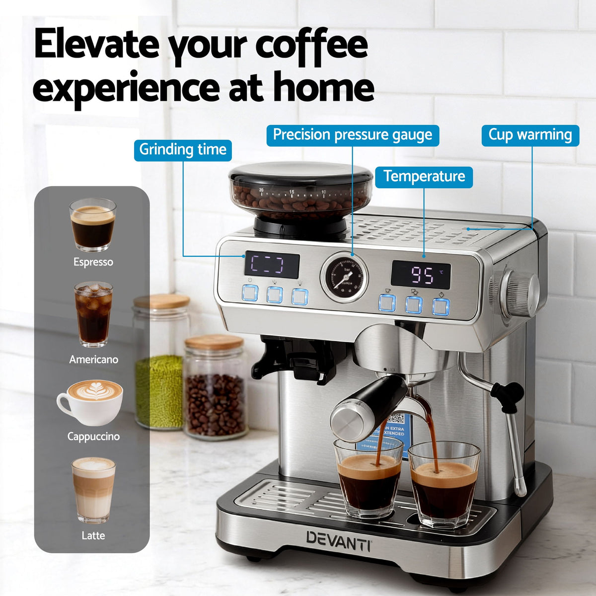 Devanti Coffee Machine Espresso Latte Maker with Grinder Milk Frother Steam Wand-Appliances > Kitchen Appliances > Coffee Machines &amp; Accessories-PEROZ Accessories