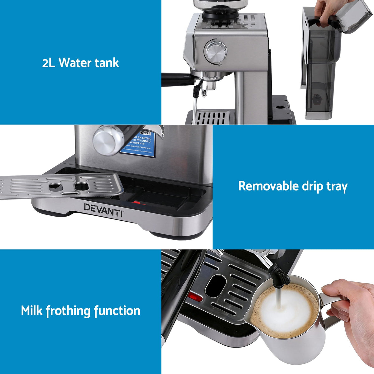 Devanti Coffee Machine Espresso Latte Maker with Grinder Milk Frother Steam Wand-Appliances > Kitchen Appliances > Coffee Machines &amp; Accessories-PEROZ Accessories