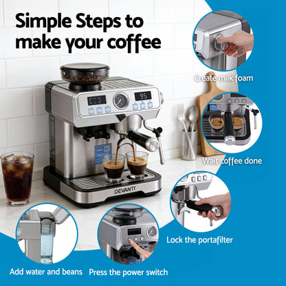 Devanti Coffee Machine Espresso Latte Maker with Grinder Milk Frother Steam Wand-Appliances > Kitchen Appliances > Coffee Machines &amp; Accessories-PEROZ Accessories