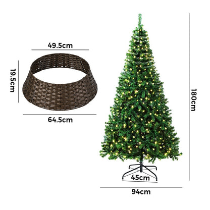 Tinseltown LED Christmas Tree 1.8M 6FT with Rattan Tree Skirt Warm Light Green-Christmas Tree-PEROZ Accessories