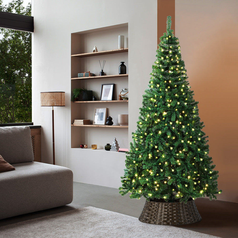 Tinseltown LED Christmas Tree 1.8M 6FT with Rattan Tree Skirt Warm Light Green-Christmas Tree-PEROZ Accessories