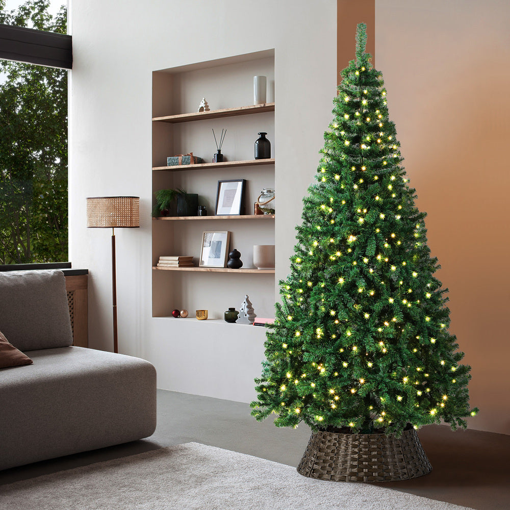 Tinseltown LED Christmas Tree 2.1M 7FT with Rattan Tree Skirt Warm Light Green-Christmas Tree-PEROZ Accessories