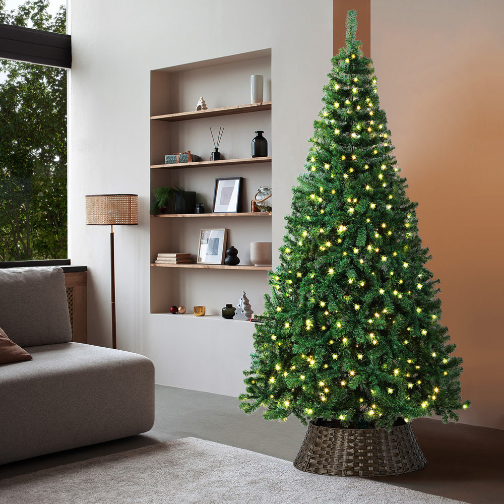 Tinseltown LED Christmas Tree 2.4M 8FT with Rattan Tree Skirt Warm Light Green-Christmas Tree-PEROZ Accessories