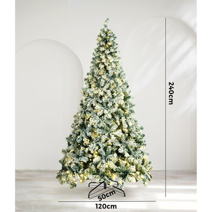Mazam Christmas Tree 2.4M 8FT Snow Flocked Xmas Decorations Green w/ LED lights-Christmas Trees-PEROZ Accessories