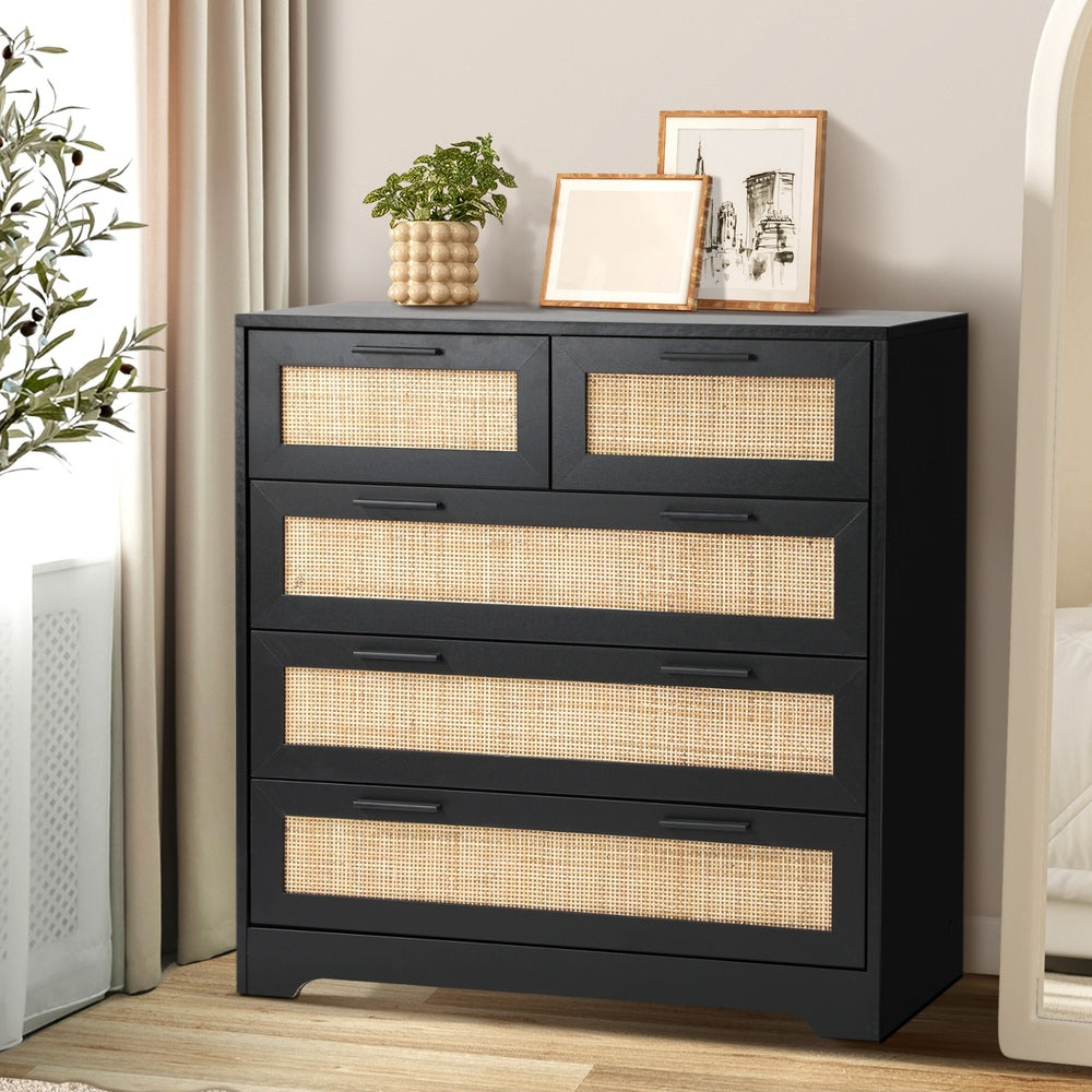 Oikiture 5 Chest of Drawers Dresser Rattan Black-Chest of Drawers-PEROZ Accessories
