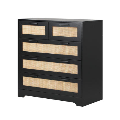 Oikiture 5 Chest of Drawers Dresser Rattan Black-Chest of Drawers-PEROZ Accessories