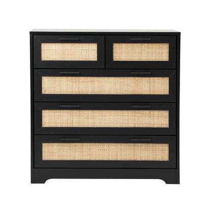 Oikiture 5 Chest of Drawers Dresser Rattan Black-Chest of Drawers-PEROZ Accessories