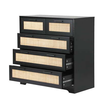Oikiture 5 Chest of Drawers Dresser Rattan Black-Chest of Drawers-PEROZ Accessories