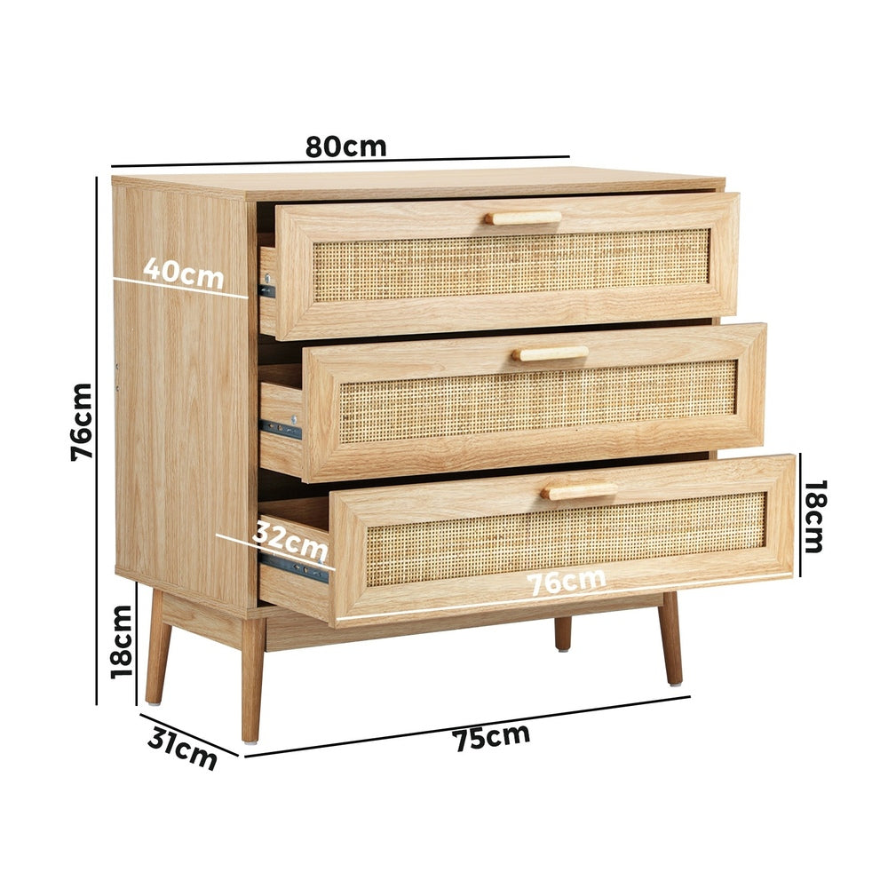 Oikiture 3 Chest of Drawers Tallboy Cabinet Clothes Storage Rattan Furniture-Chest of Drawers-PEROZ Accessories