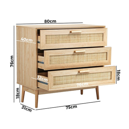 Oikiture 3 Chest of Drawers Tallboy Cabinet Clothes Storage Rattan Furniture-Chest of Drawers-PEROZ Accessories