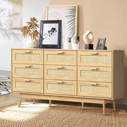 Oikiture 9 Chest of Drawers Dresser Rattan Storage Cabinet Lowboy Bedroom Wooden-Chest of Drawers-PEROZ Accessories