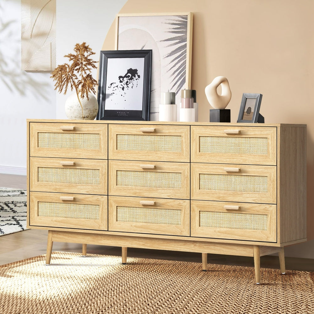 Oikiture 9 Chest of Drawers Dresser Rattan Storage Cabinet Lowboy Bedroom Wooden-Chest of Drawers-PEROZ Accessories