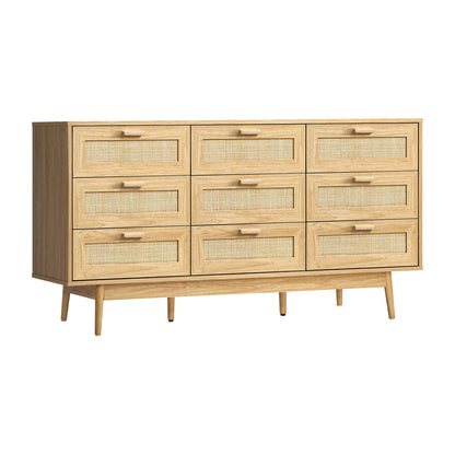 Oikiture 9 Chest of Drawers Dresser Rattan Storage Cabinet Lowboy Bedroom Wooden-Chest of Drawers-PEROZ Accessories