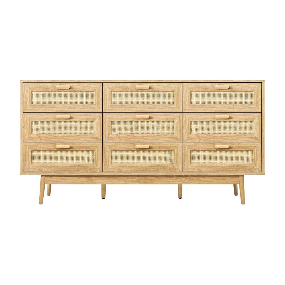 Oikiture 9 Chest of Drawers Dresser Rattan Storage Cabinet Lowboy Bedroom Wooden-Chest of Drawers-PEROZ Accessories