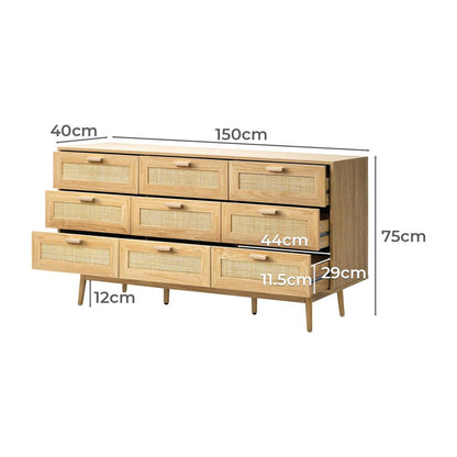 Oikiture 9 Chest of Drawers Dresser Rattan Storage Cabinet Lowboy Bedroom Wooden-Chest of Drawers-PEROZ Accessories