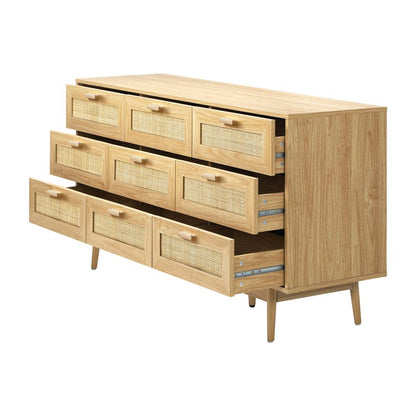 Oikiture 9 Chest of Drawers Dresser Rattan Storage Cabinet Lowboy Bedroom Wooden-Chest of Drawers-PEROZ Accessories