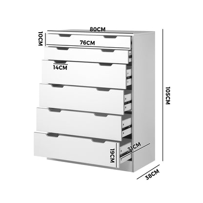 Oikiture 6 Chest of Drawers Tallboy Cabinet Bedroom Clothes White Furniture-Chest of Drawers-PEROZ Accessories